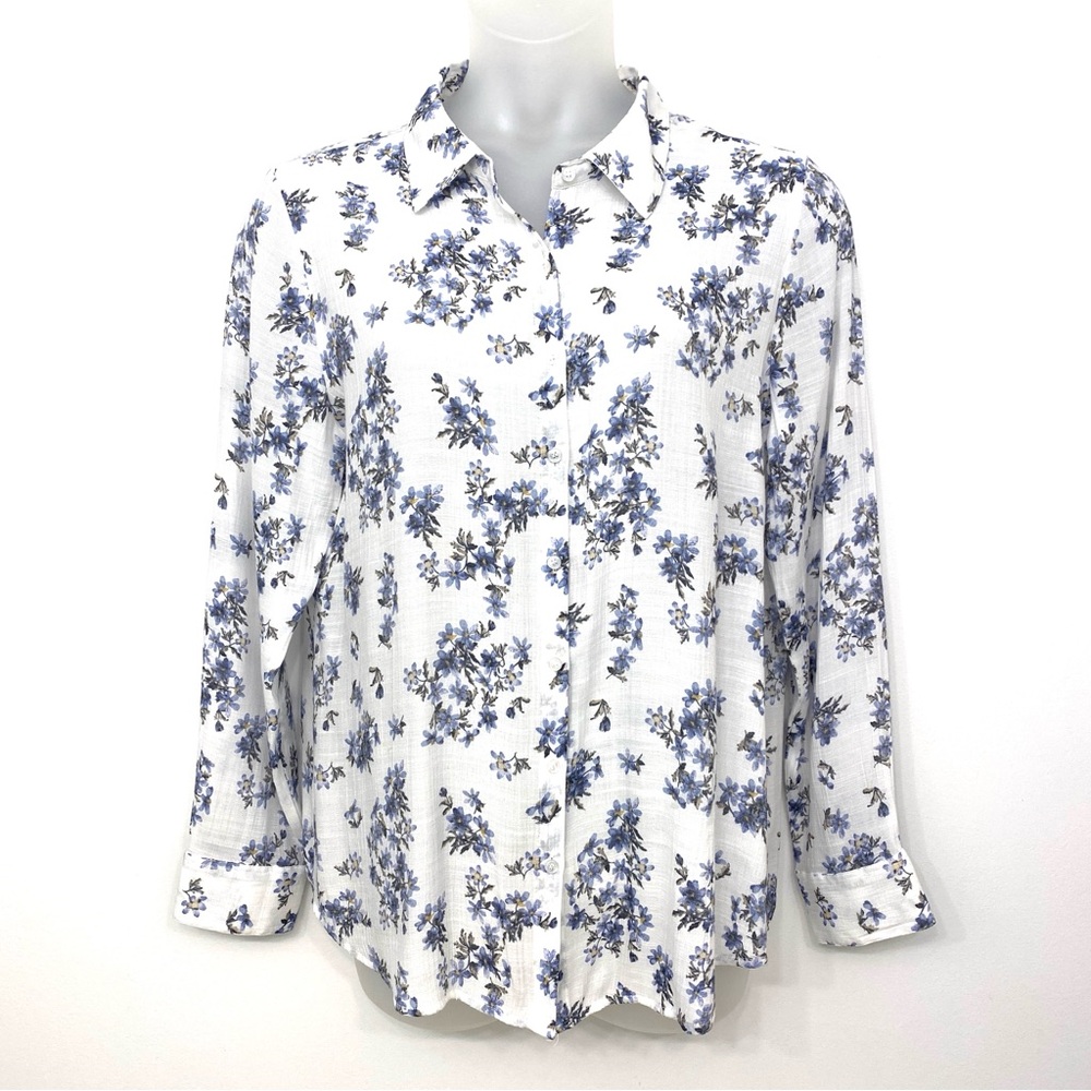 Blousology Blue Floral Button Front Blouse White Lightweight Women’s XL